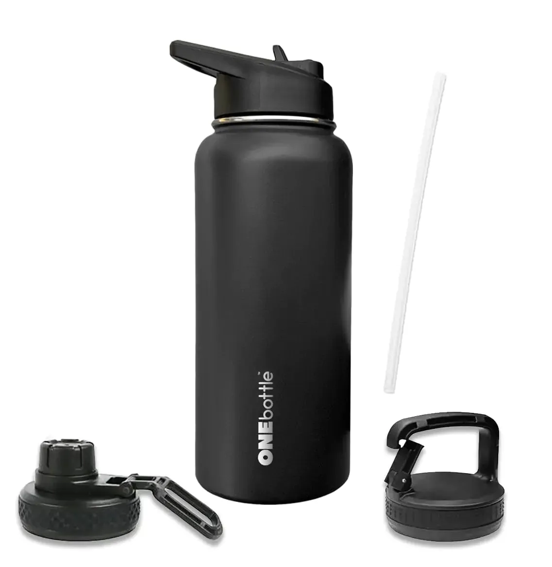 Triple Insulated Water Bottle - Includes 3 Lids (Straw Lid Spout Carabiner) Leakproof - 32 oz Water Bottles Black 1 liter metal water bottle - by ONEbottle