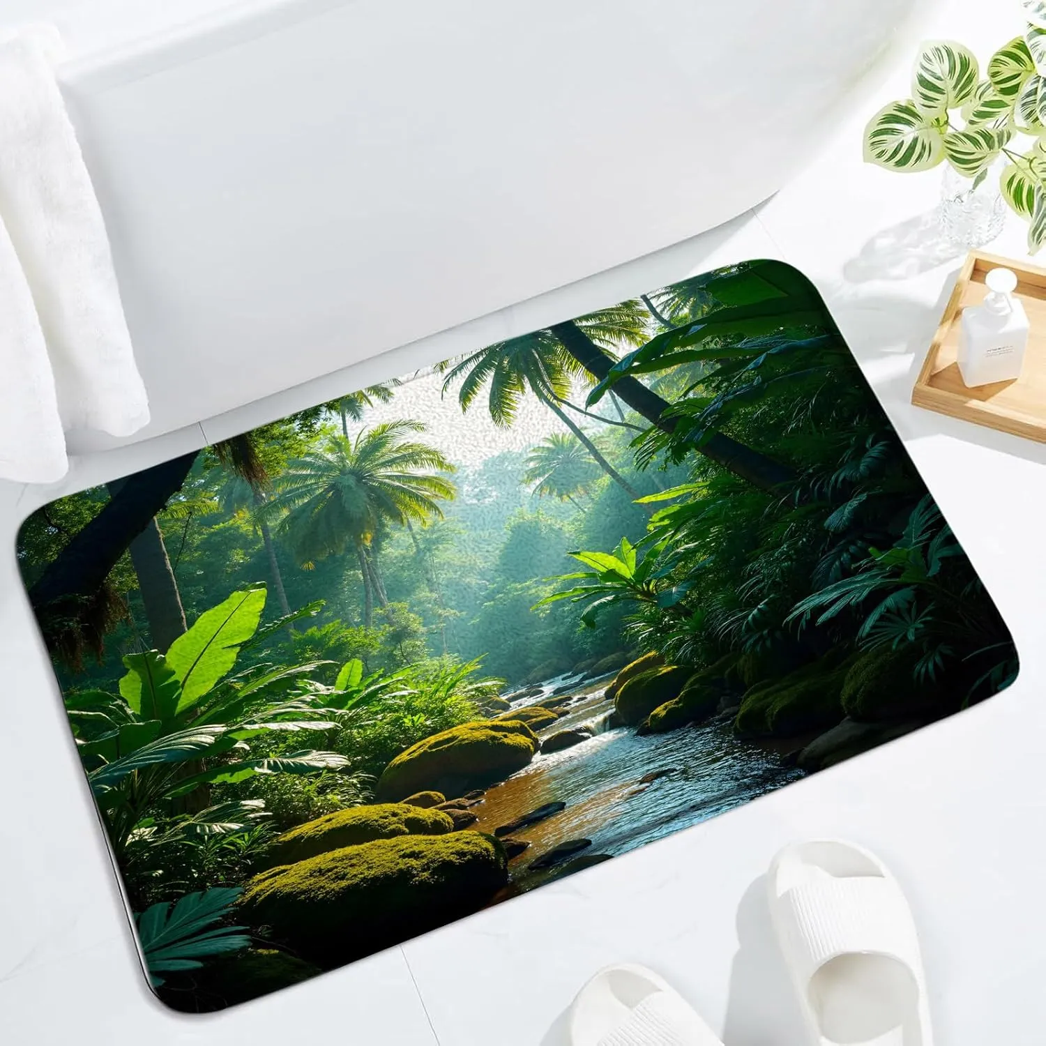 Tropical Rainforest Bath Mat Green Forest Palm Leaves River Stream Jungle Plant Wild Nature Scenery Bathroom Rug Indoor Carpet Doormat