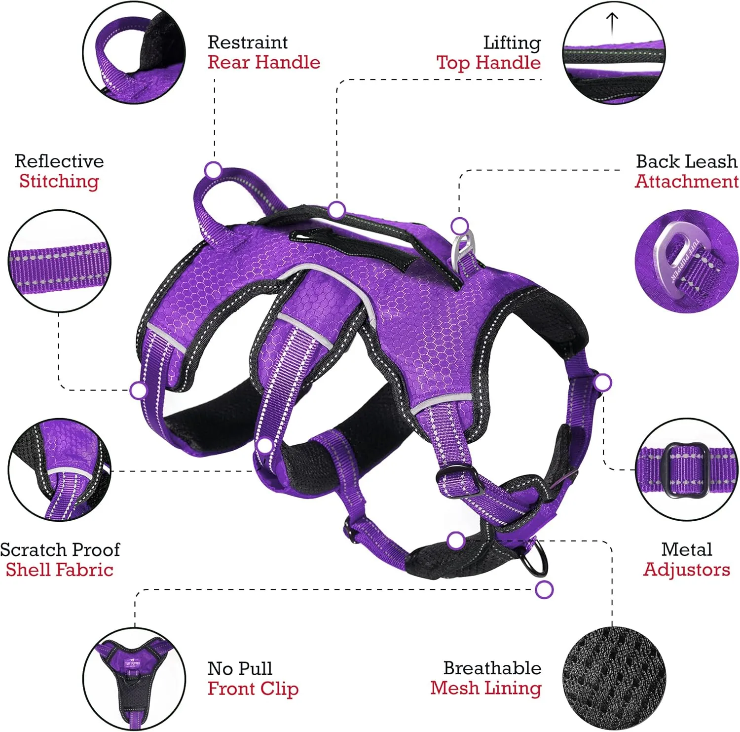 Tuff Pupper Escape Proof No Escape Dog Harness | 5 Point Adjustable Fit Harness for Dogs | Padded Dogs Harnesses | Handle Dog Lift Harnesses