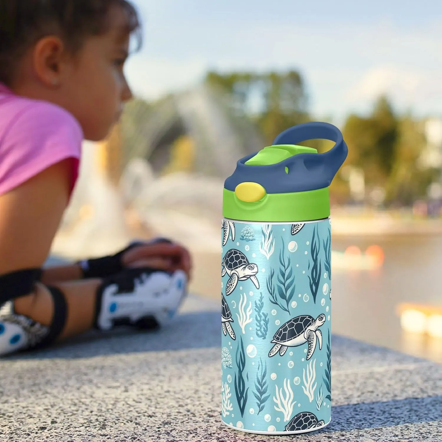 Turtle Water Bottle with Straw Lid Kids Blue Ocean Insulated Tumbler with Handle Stainless Steel Reusable Toddlers Cup for Kids Boys 12 oz