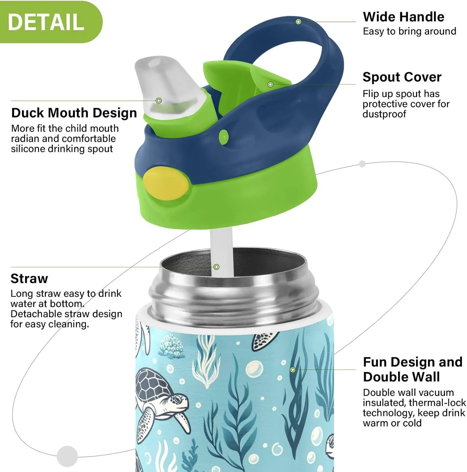 Turtle Water Bottle with Straw Lid Kids Blue Ocean Insulated Tumbler with Handle Stainless Steel Reusable Toddlers Cup for Kids Boys 12 oz