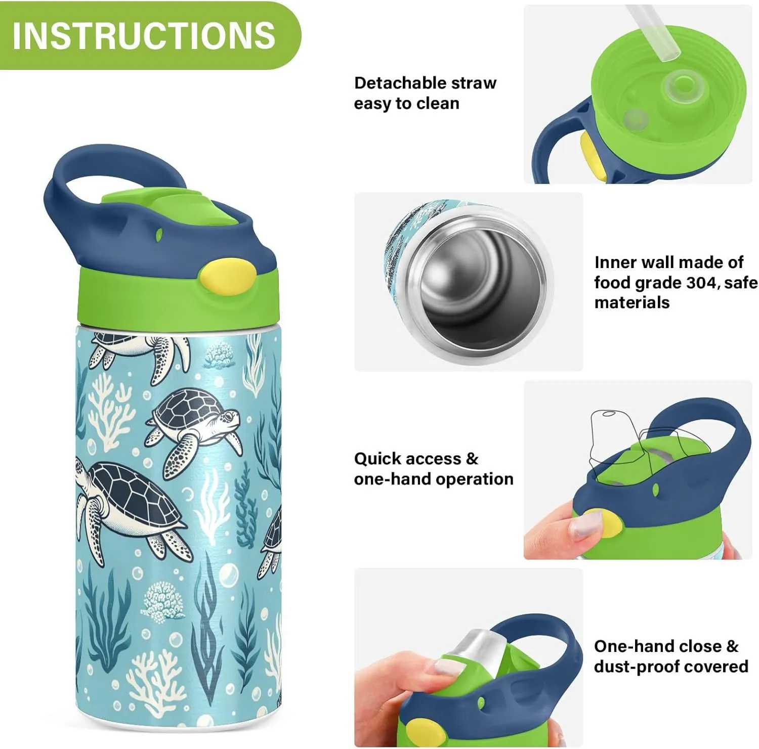 Turtle Water Bottle with Straw Lid Kids Blue Ocean Insulated Tumbler with Handle Stainless Steel Reusable Toddlers Cup for Kids Boys 12 oz