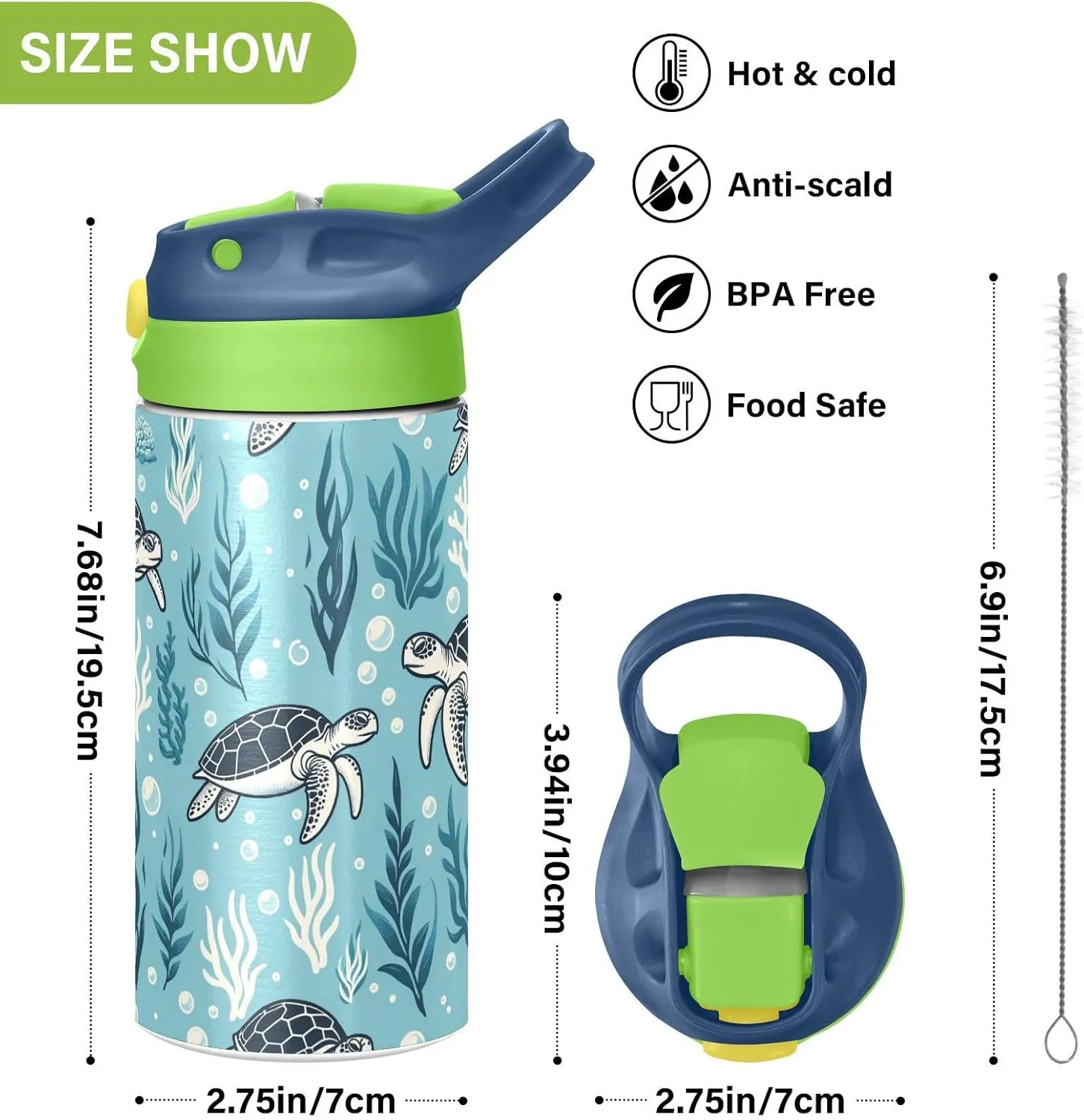 Turtle Water Bottle with Straw Lid Kids Blue Ocean Insulated Tumbler with Handle Stainless Steel Reusable Toddlers Cup for Kids Boys 12 oz
