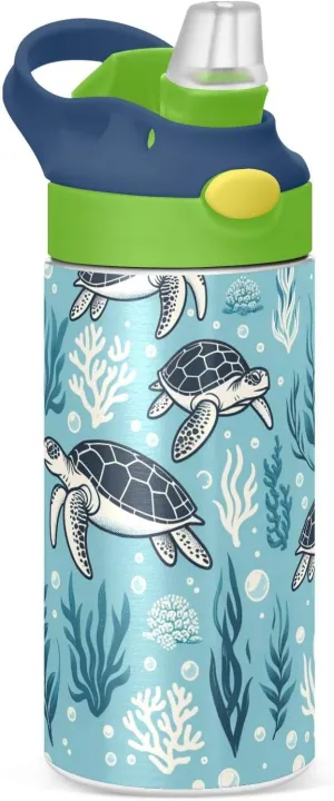 Turtle Water Bottle with Straw Lid Kids Blue Ocean Insulated Tumbler with Handle Stainless Steel Reusable Toddlers Cup for Kids Boys 12 oz