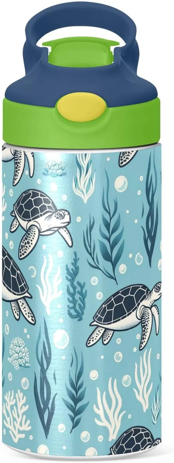 Turtle Water Bottle with Straw Lid Kids Blue Ocean Insulated Tumbler with Handle Stainless Steel Reusable Toddlers Cup for Kids Boys 12 oz