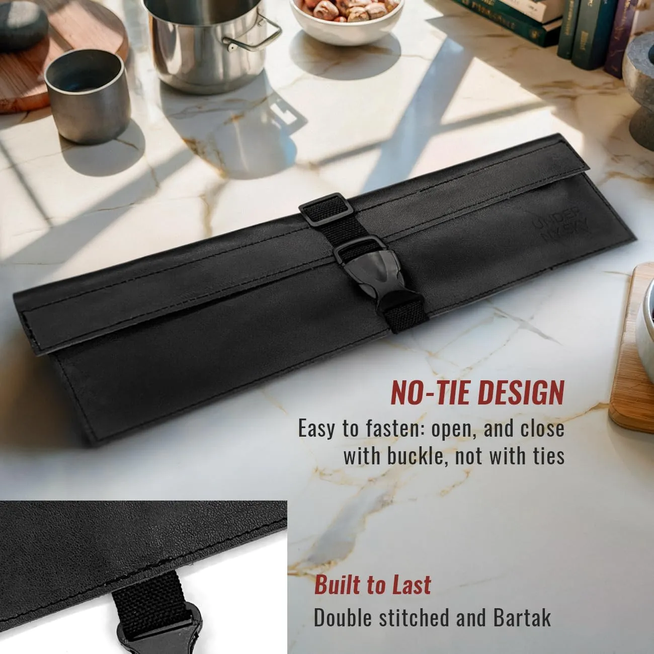 Under NY Sky Genuine Leather Knife Roll Case - 1 Slot - Real Leather Pouch - Portable Bag for Cooking Tools, Utensils, Cutlery Knives, Brushes - Chefs, Kitchen, Travel, Gift - Black L