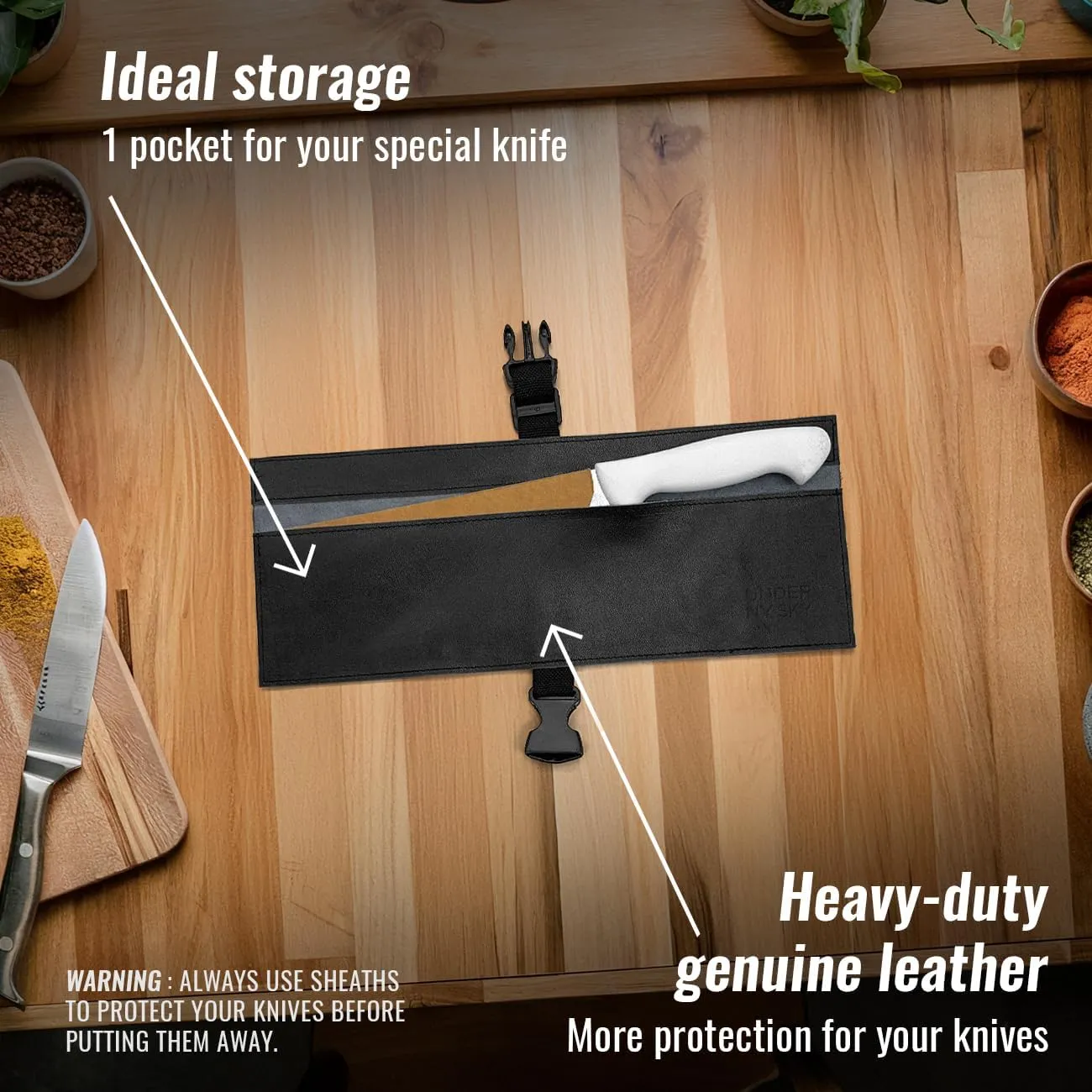 Under NY Sky Genuine Leather Knife Roll Case - 1 Slot - Real Leather Pouch - Portable Bag for Cooking Tools, Utensils, Cutlery Knives, Brushes - Chefs, Kitchen, Travel, Gift - Black L
