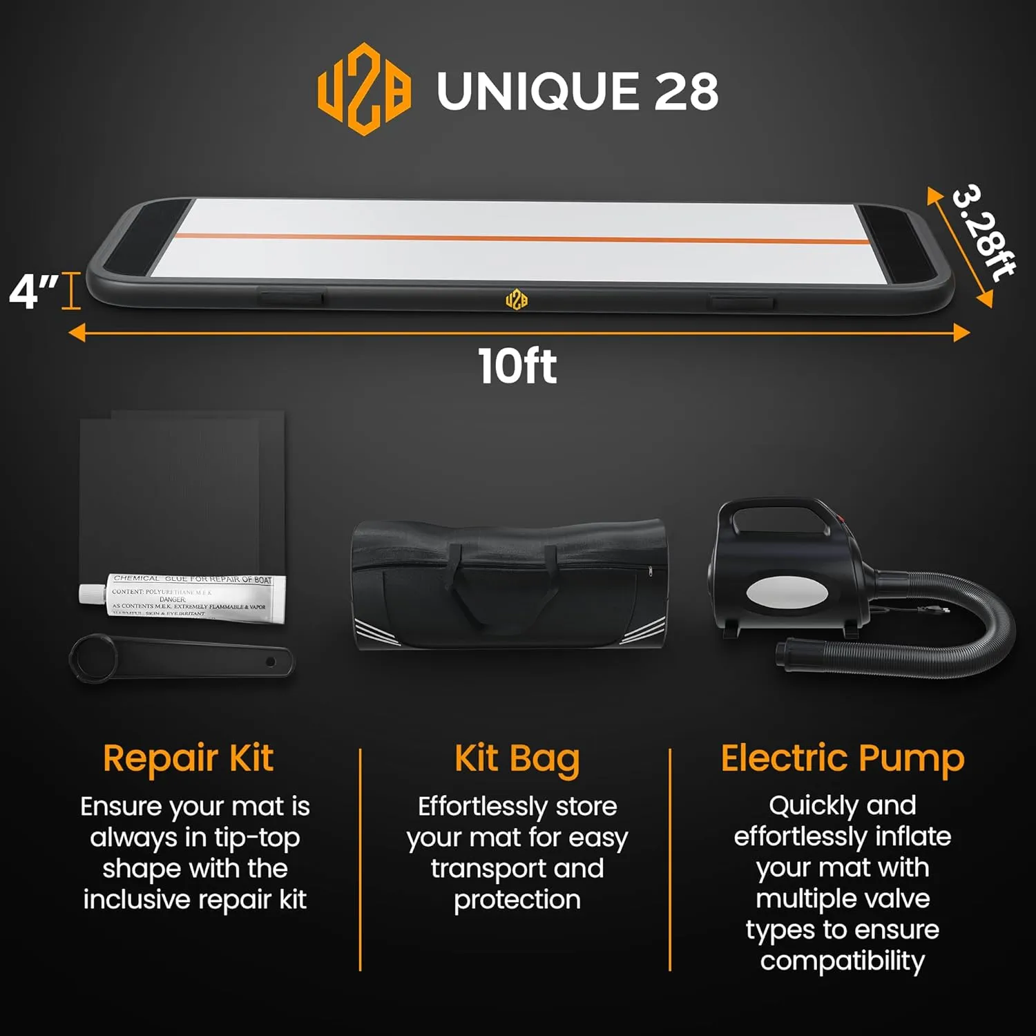 Unique28 Inflatable Gymnastics Mat - 4" Thick Waterproof Air Tumbling Mat with Electric Pump - Tumble Track Mats for Gymnastics, Cheerleading, Yoga, Parkour - Cheer Mats for Tumbling for Home, Outdoor