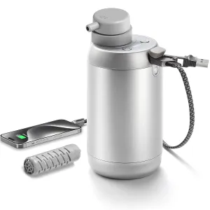 Upgraded Electric Water Filter Camping - 6-Stage Water Filtration System, Phone Charger, 4-in-1 Charging Cable, Hiking Water Filter Backpacking, Water Purifier Survival, Emergency Light (Silver)