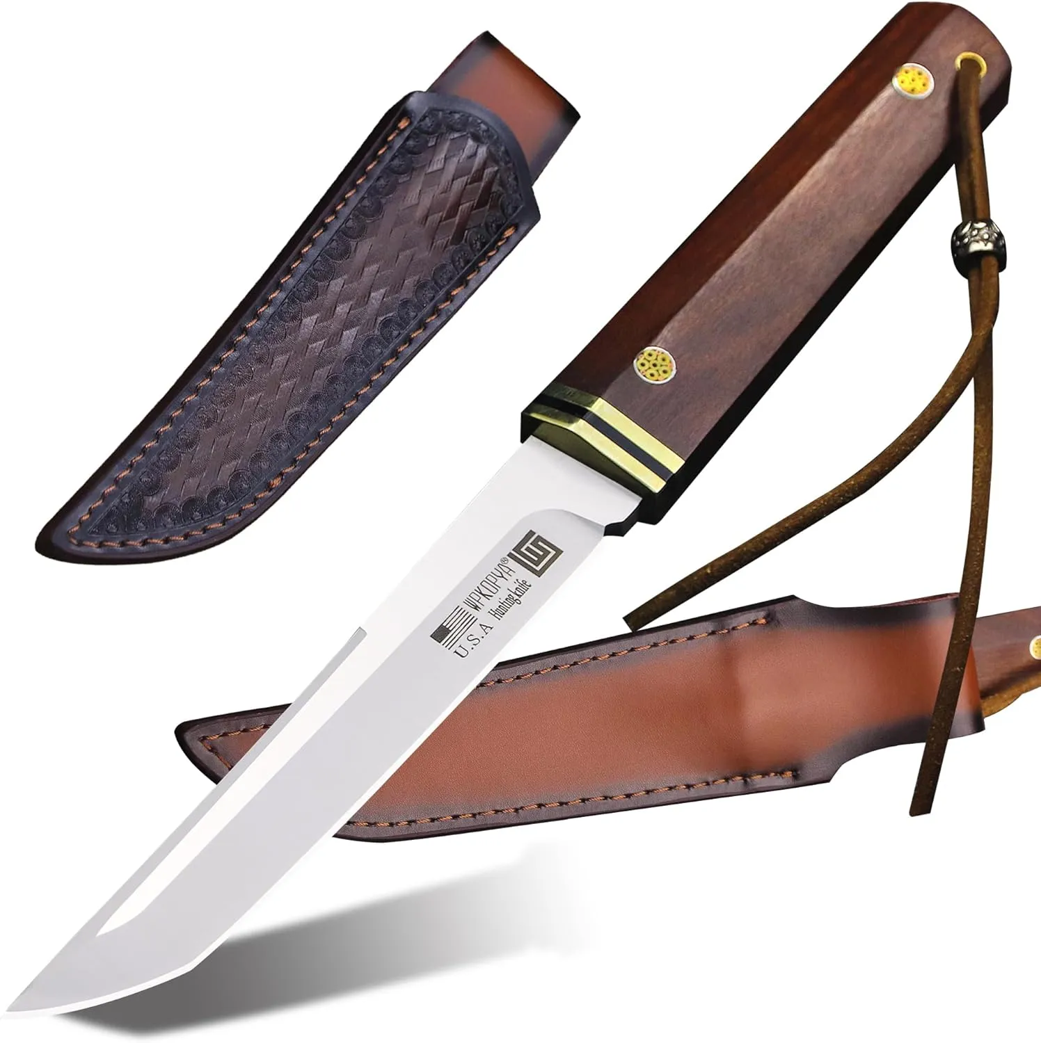 USA 10.6" 9CR18MOV Steel Outdoor Camping Survival Knife Leather Sheath, Jungle Hunting, Fishing, EDC， Gift Collection