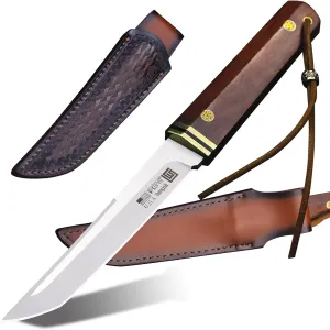 USA 10.6" 9CR18MOV Steel Outdoor Camping Survival Knife Leather Sheath, Jungle Hunting, Fishing, EDC， Gift Collection