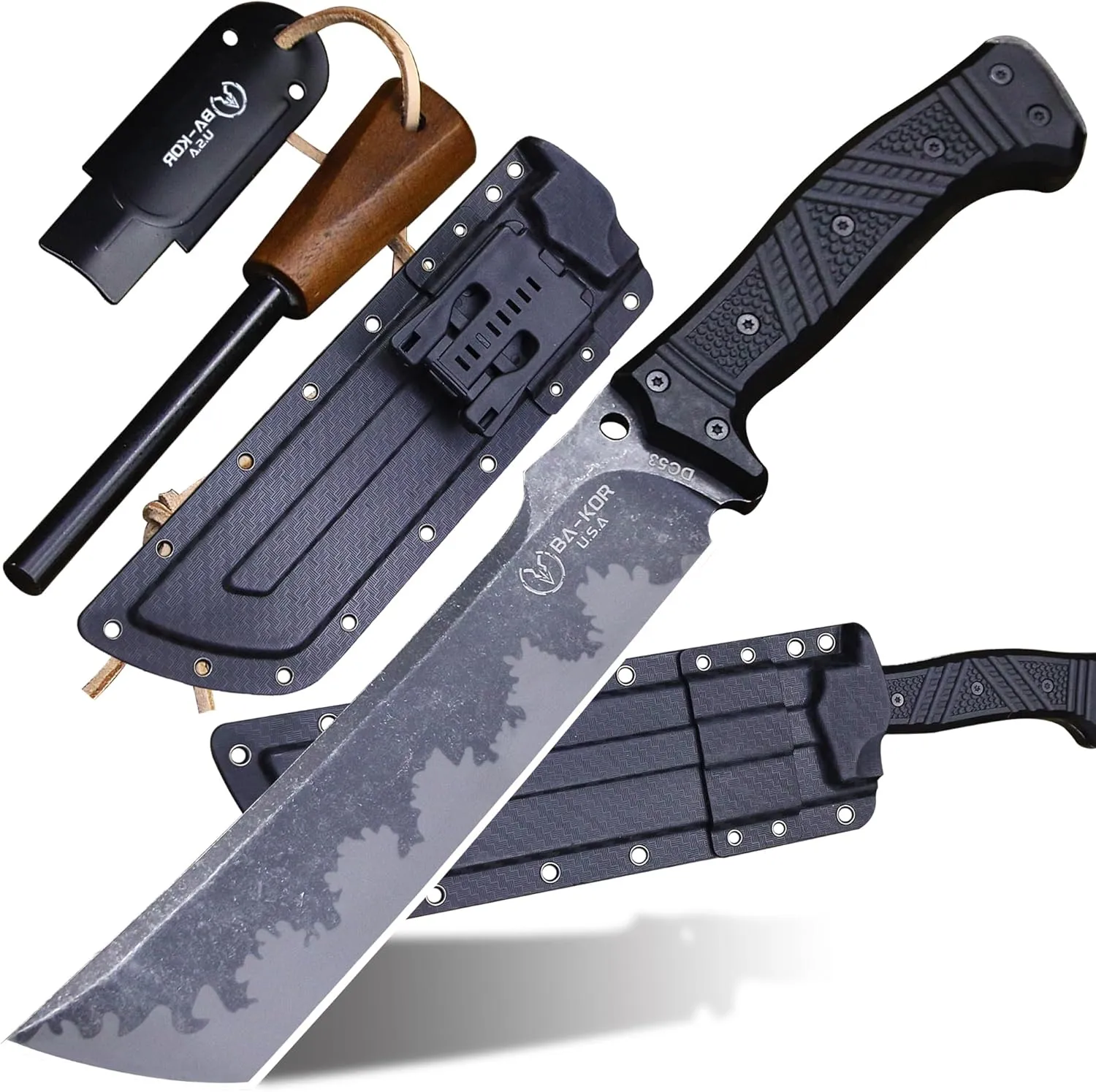 U.S.A 6mm thick DC53 steel 38CM (15.2in) (full tang) fixed knife scabbard&(5.9in) cerium igniter, suitable for outdoor hunting, camping, survival, exploration, EDC tool knife