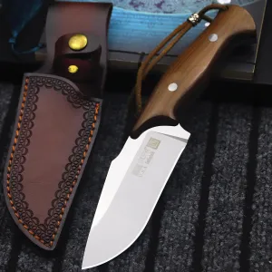 U.S.A 9.8-inch 440c Mirror Light Full Tang Sandalwood Handle Outdoor Hunting Knife Leather Sheath, Camping Survival, Fishing, Hiking, EDC Tool