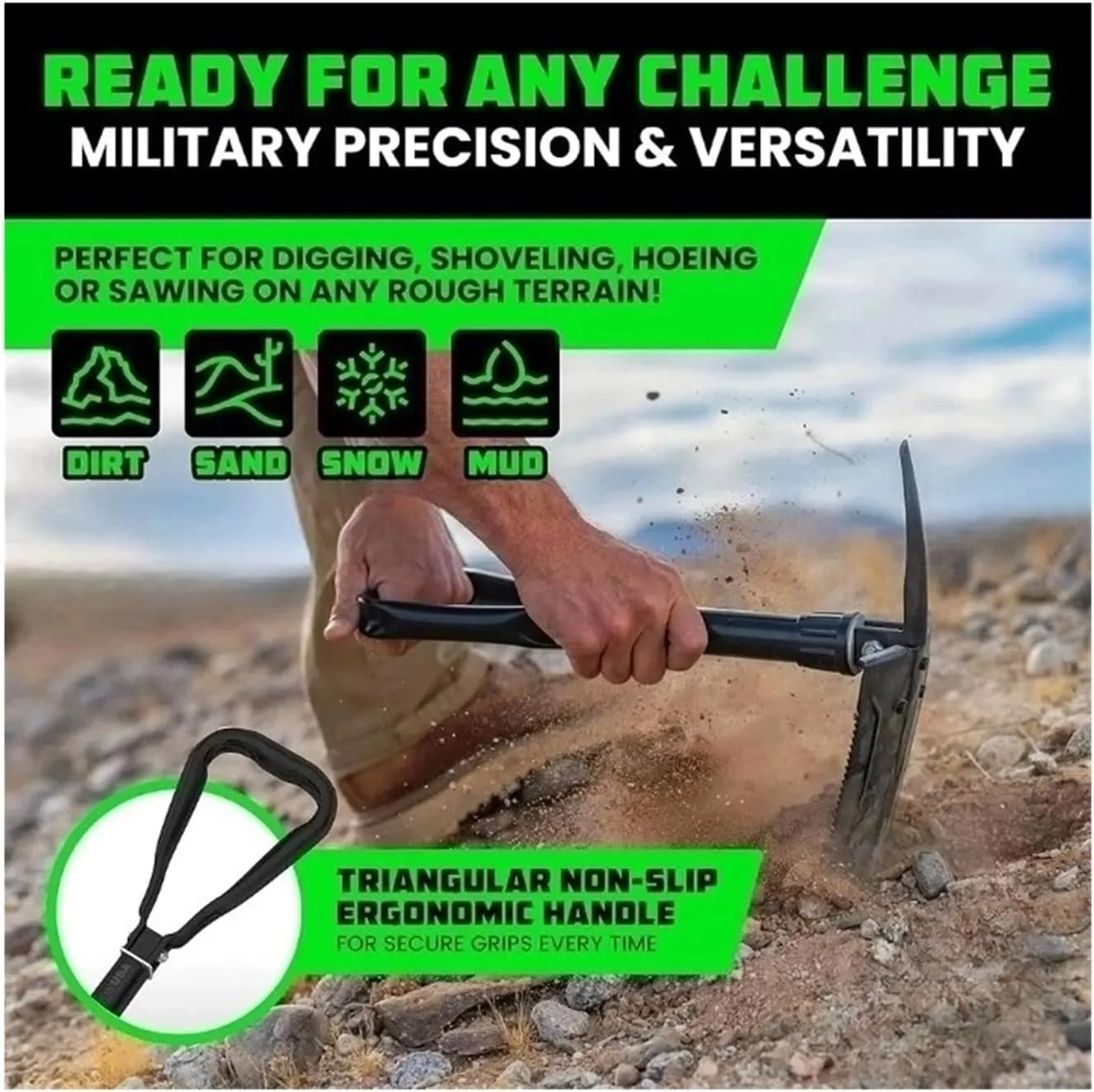 ﻿USA Folding Survival Shovel 1Pcs，W/Pick - Heavy Duty Carbon Steel Military Style Entrenching Tool for Off Road, Camping, Gardening, Beach, Digging Dirt, Sand, Mud & Snow(Green-B)