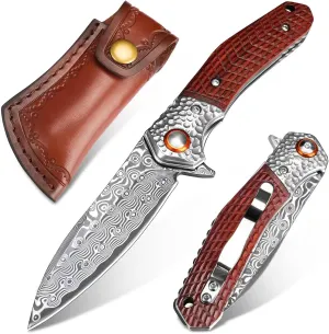 VALKNUT Damascus Pocket Folding Knife with Clip, Damascus Steel with Leather Sheath Wood Handle