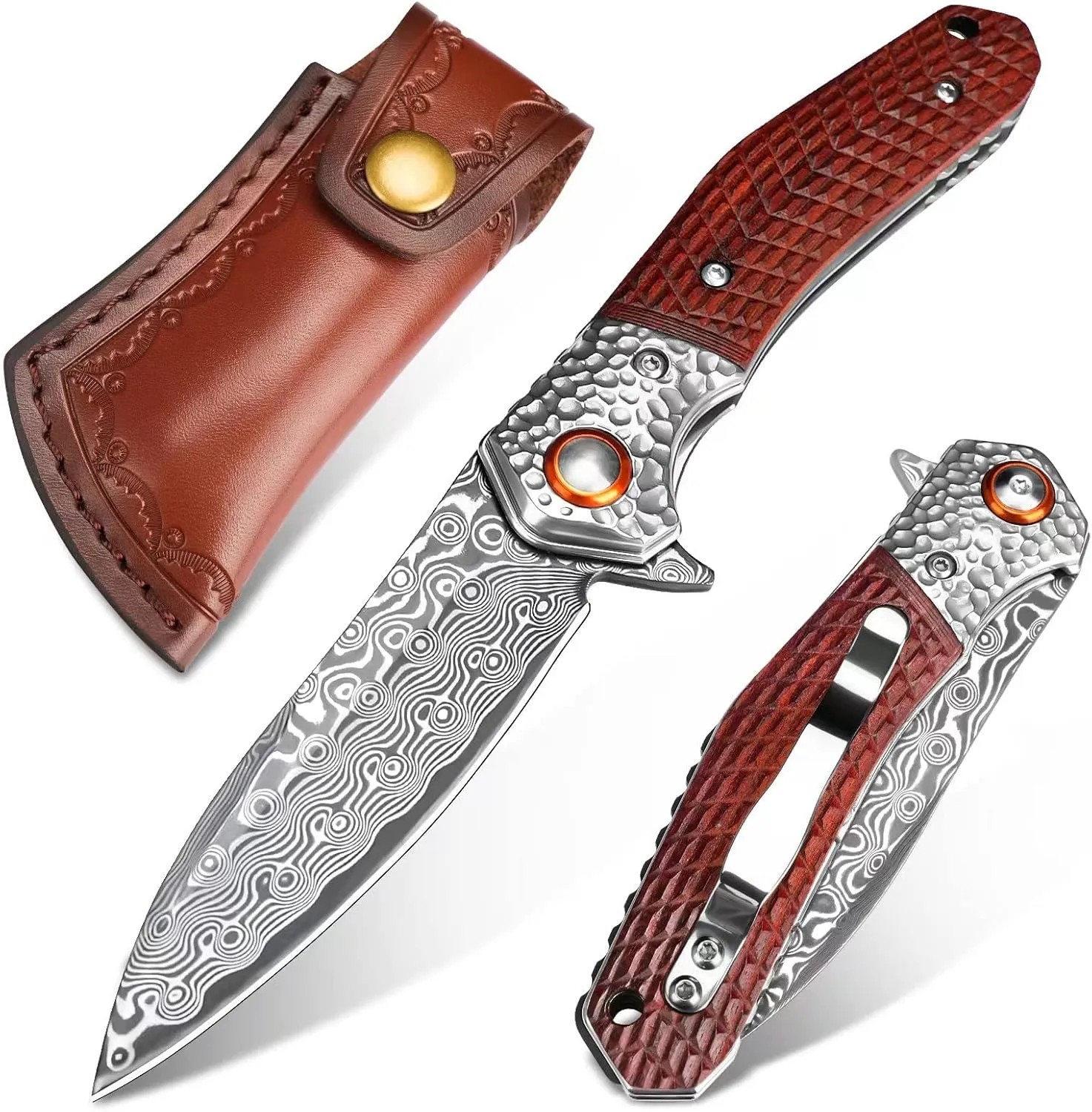 VALKNUT Damascus Pocket Folding Knife with Clip, Damascus Steel with Leather Sheath Wood Handle
