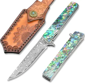 VALKNUT Damascus Pocket Knife, Handmade Hand Forged VG-10 Steel Folding Knives with Leather Sheath, 3-3/4 Inch Blade Pocket Knife for Outdoor Camping (Abalone Handle)