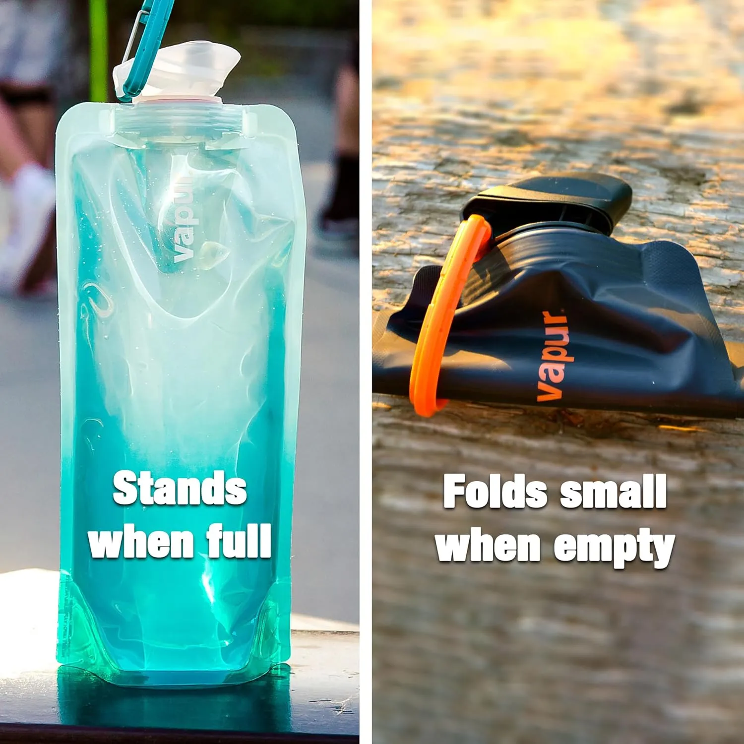 Vapur Collapsible Water Bottle With Carabiner, Compact Bottle Folds Flat For Hydration On The Go, Ideal for Traveling, Hiking or Camping, 23 Ounce, Lavender, Pack of 2