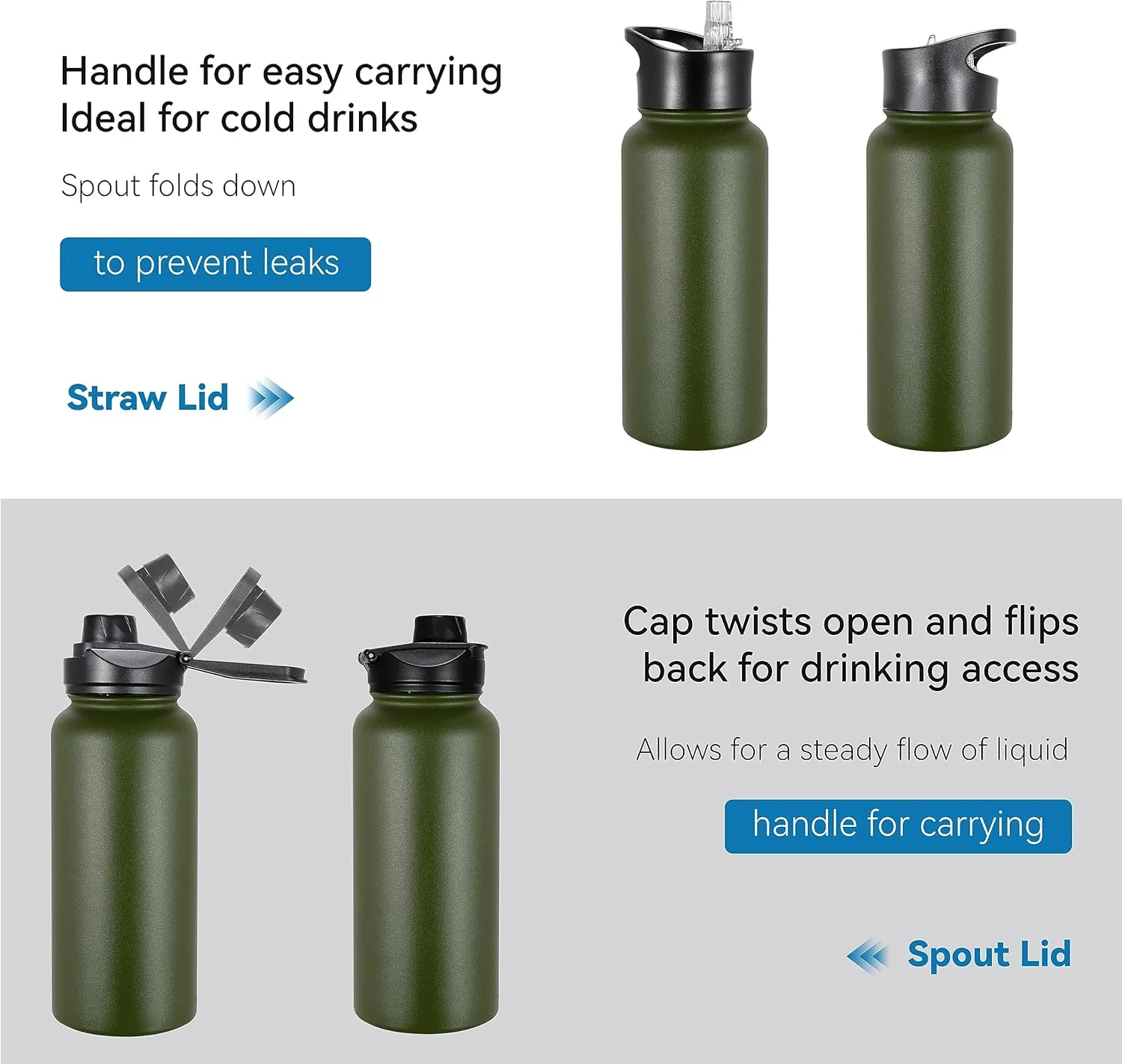 VEGOND 32 oz Insulated Water Bottle Bulk Stainless Steel Metal Water Bottles with Leak Proof Straw Lid & Spout Lid, Wide Mouth Double Walled Vacuum Travel Sports Bottle, 8 Pack