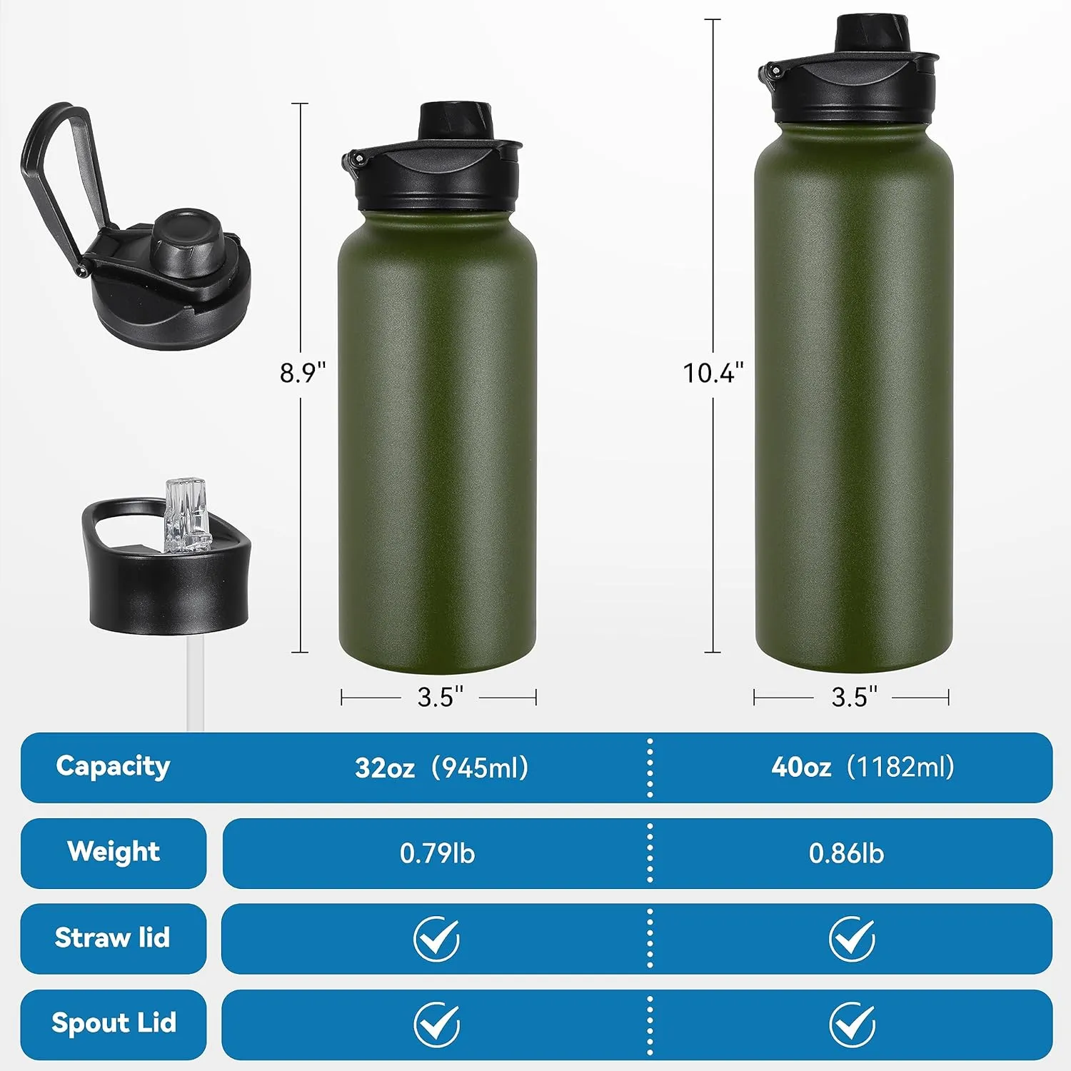VEGOND 32 oz Insulated Water Bottle Bulk Stainless Steel Metal Water Bottles with Leak Proof Straw Lid & Spout Lid, Wide Mouth Double Walled Vacuum Travel Sports Bottle, 8 Pack
