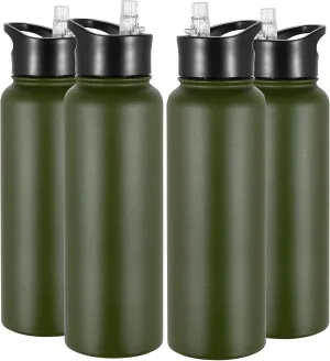 VEGOND 40 oz Insulated Water Bottle Bulk Stainless Steel Metal Water Bottles with Leak Proof Straw Lid & Spout Lid, Wide Mouth Double Walled Vacuum Travel Sports Bottle, 4 Pack