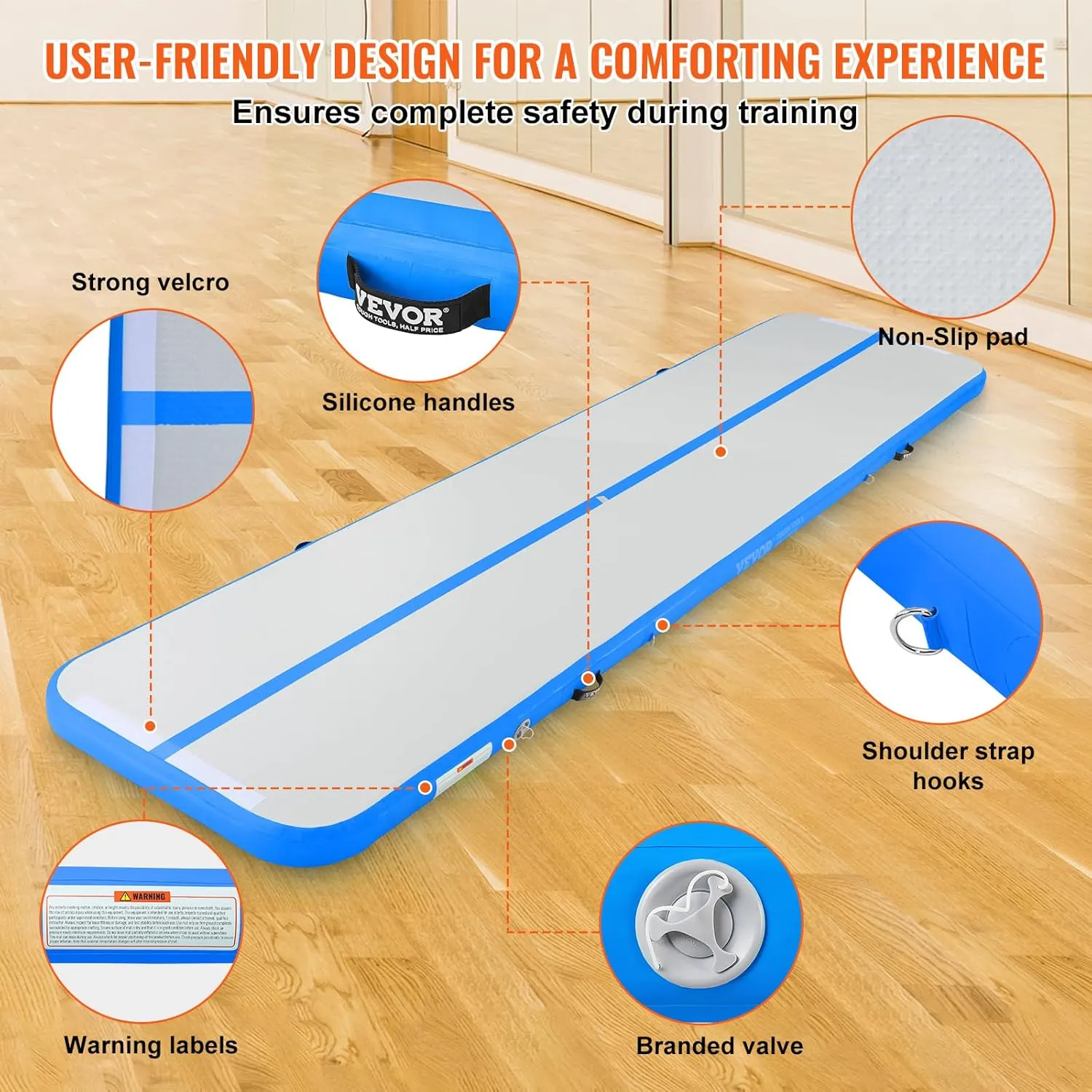 VEVOR Gymnastics Air Mat, Inflatable Track with Electric Pump, Training Mats for Home Use/Gym/Yoga/Cheerleading/Beach/Park/Water