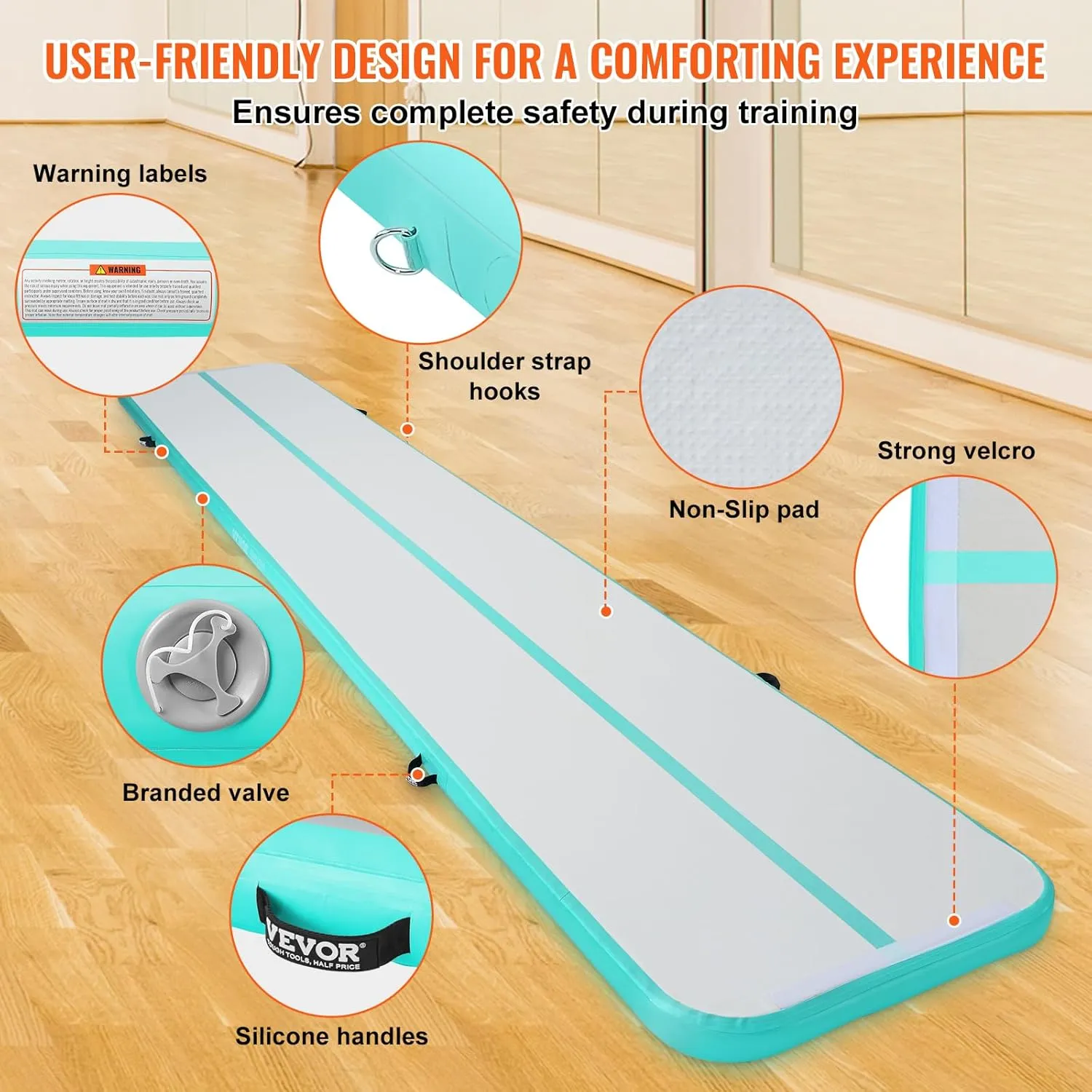 VEVOR Gymnastics Air Mat, Inflatable Track with Electric Pump, Training Mats for Home Use/Gym/Yoga/Cheerleading/Beach/Park/Water