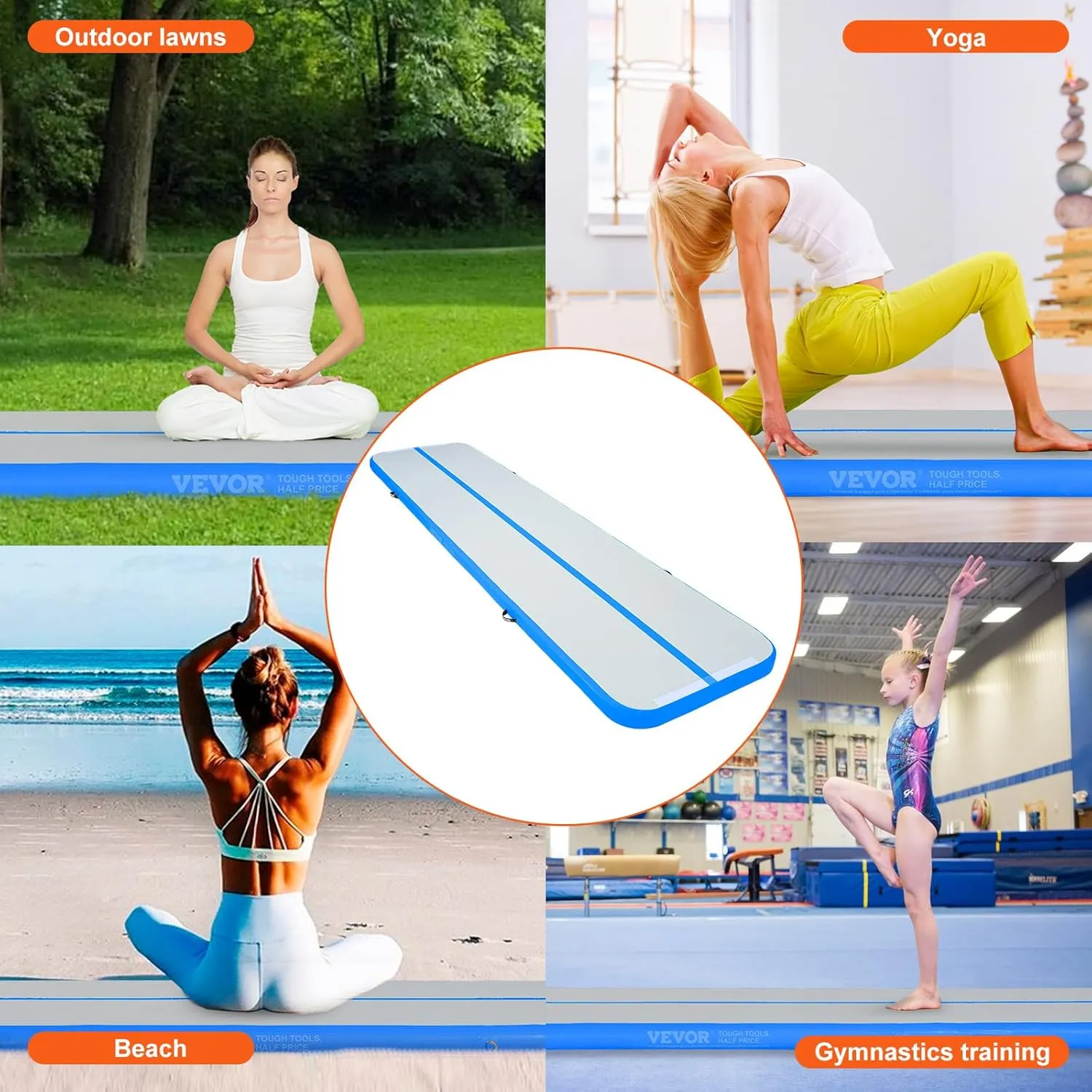 VEVOR Gymnastics Air Mat, Inflatable Track with Electric Pump, Training Mats for Home Use/Gym/Yoga/Cheerleading/Beach/Park/Water