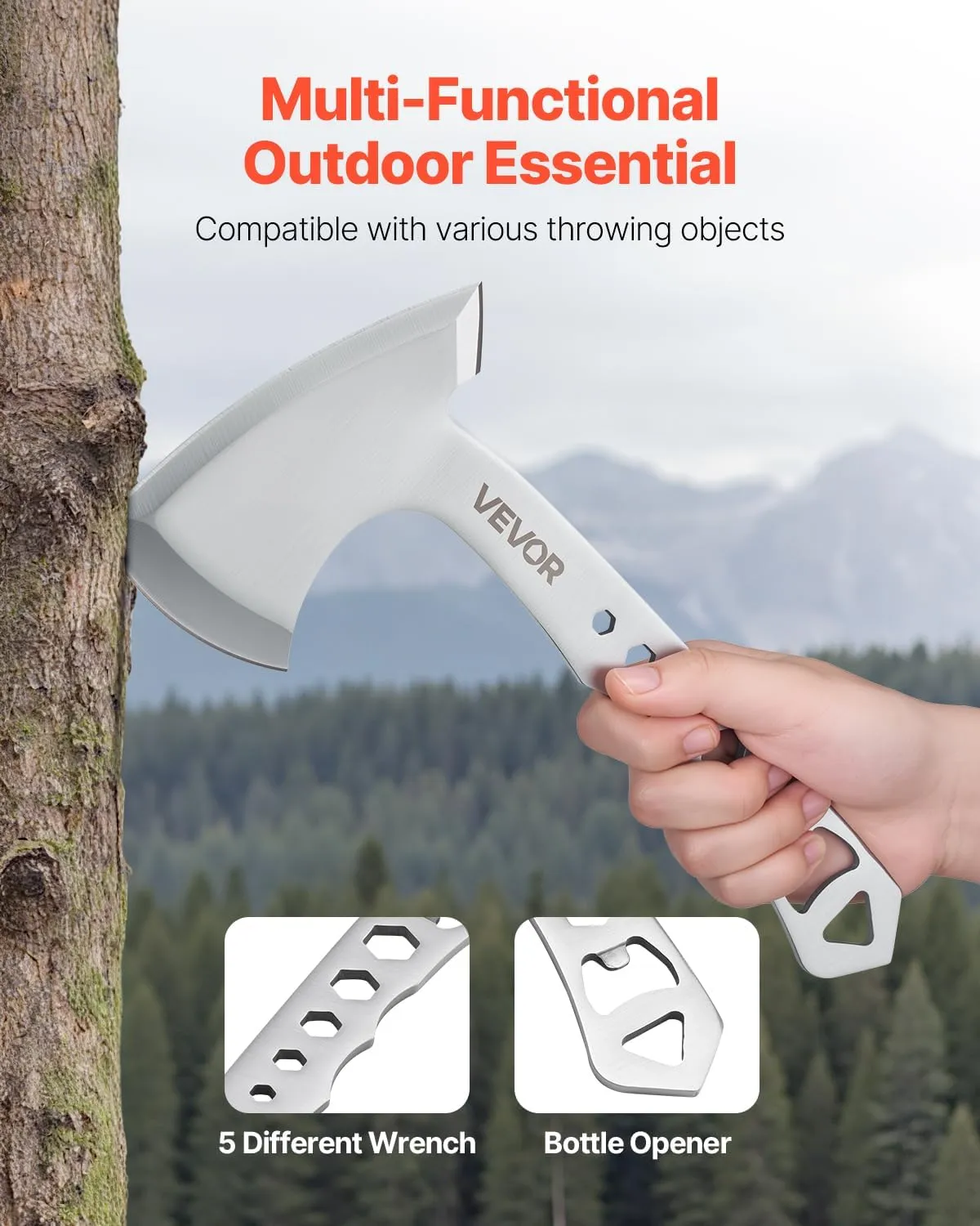 VEVOR Throwing Axes and Tomahawks, 3 Pack Hatchet Axes and 3 Pack Knives Throwing Products Set, Handle with Wrench and Bottle Opener, Stainless Steel, Black Nylon Sheath, for Recreation Competition