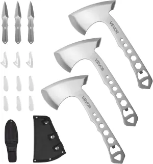 VEVOR Throwing Axes and Tomahawks, 3 Pack Hatchet Axes and 3 Pack Knives Throwing Products Set, Handle with Wrench and Bottle Opener, Stainless Steel, Black Nylon Sheath, for Recreation Competition