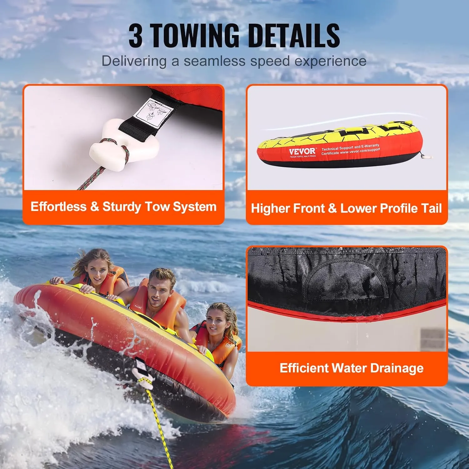 VEVOR Towable Tubes for Boating, 1-2/1-3 Riders, 340-510 lbs, 51.8"-63", Full Nylon Cover, EVA Grab Handles