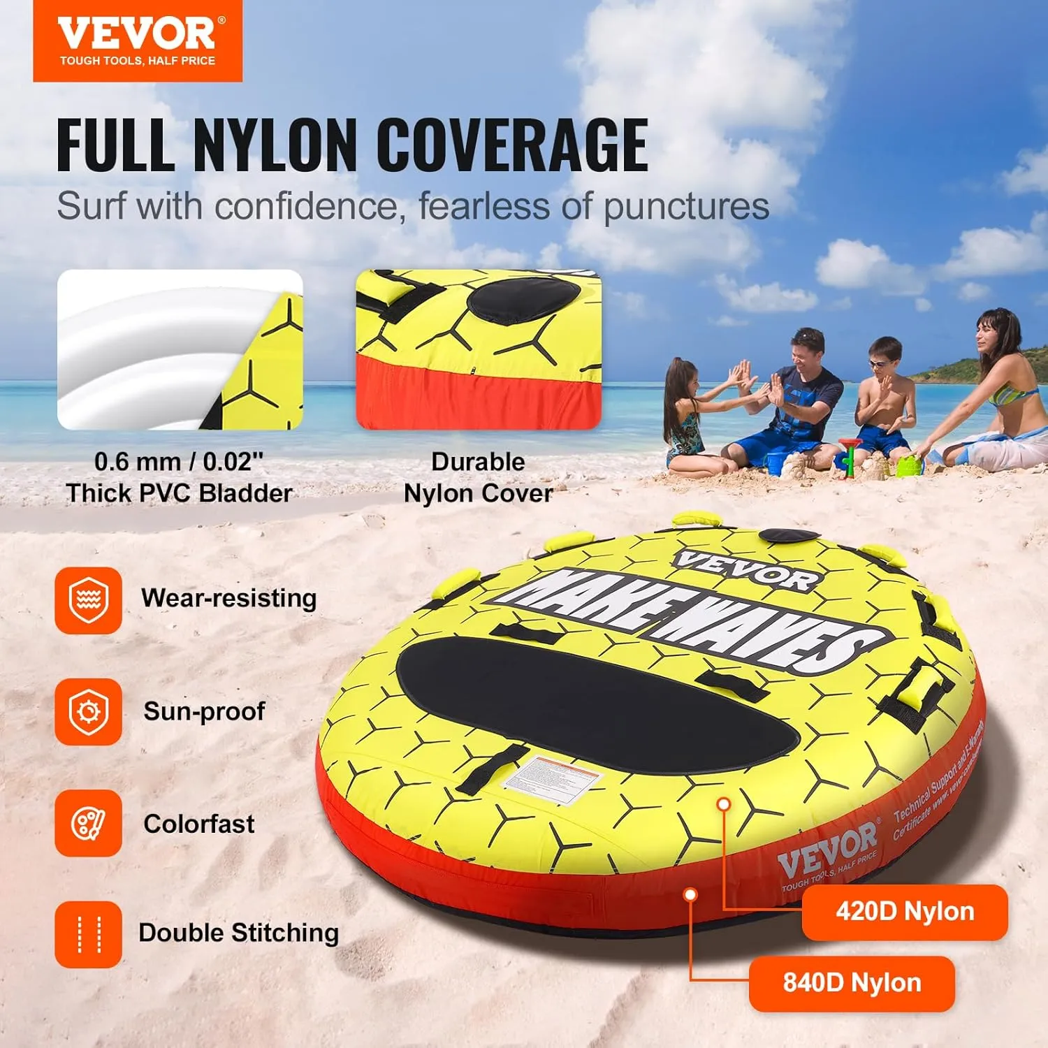 VEVOR Towable Tubes for Boating, 1-2/1-3 Riders, 340-510 lbs, 51.8"-63", Full Nylon Cover, EVA Grab Handles