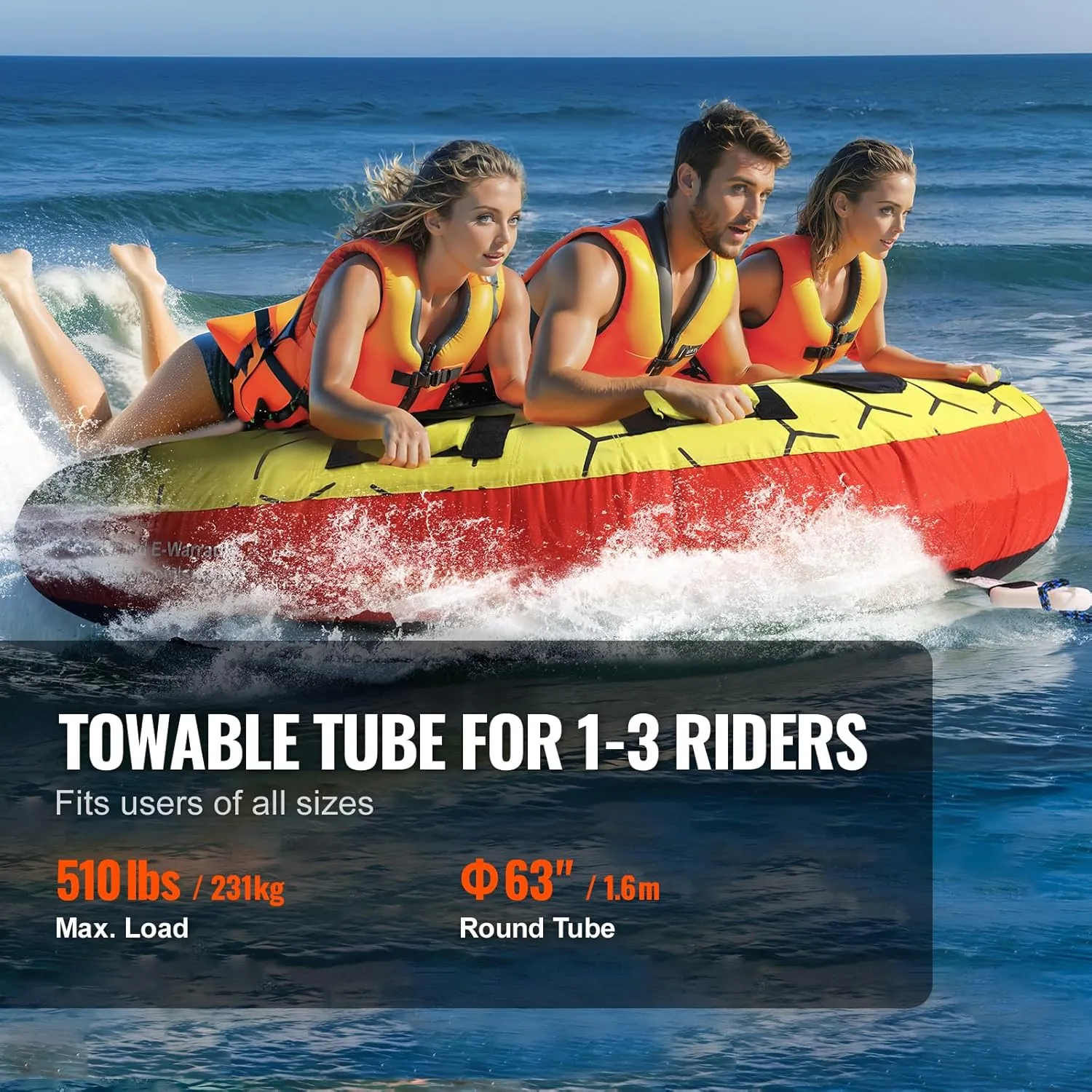 VEVOR Towable Tubes for Boating, 1-2/1-3 Riders, 340-510 lbs, 51.8"-63", Full Nylon Cover, EVA Grab Handles