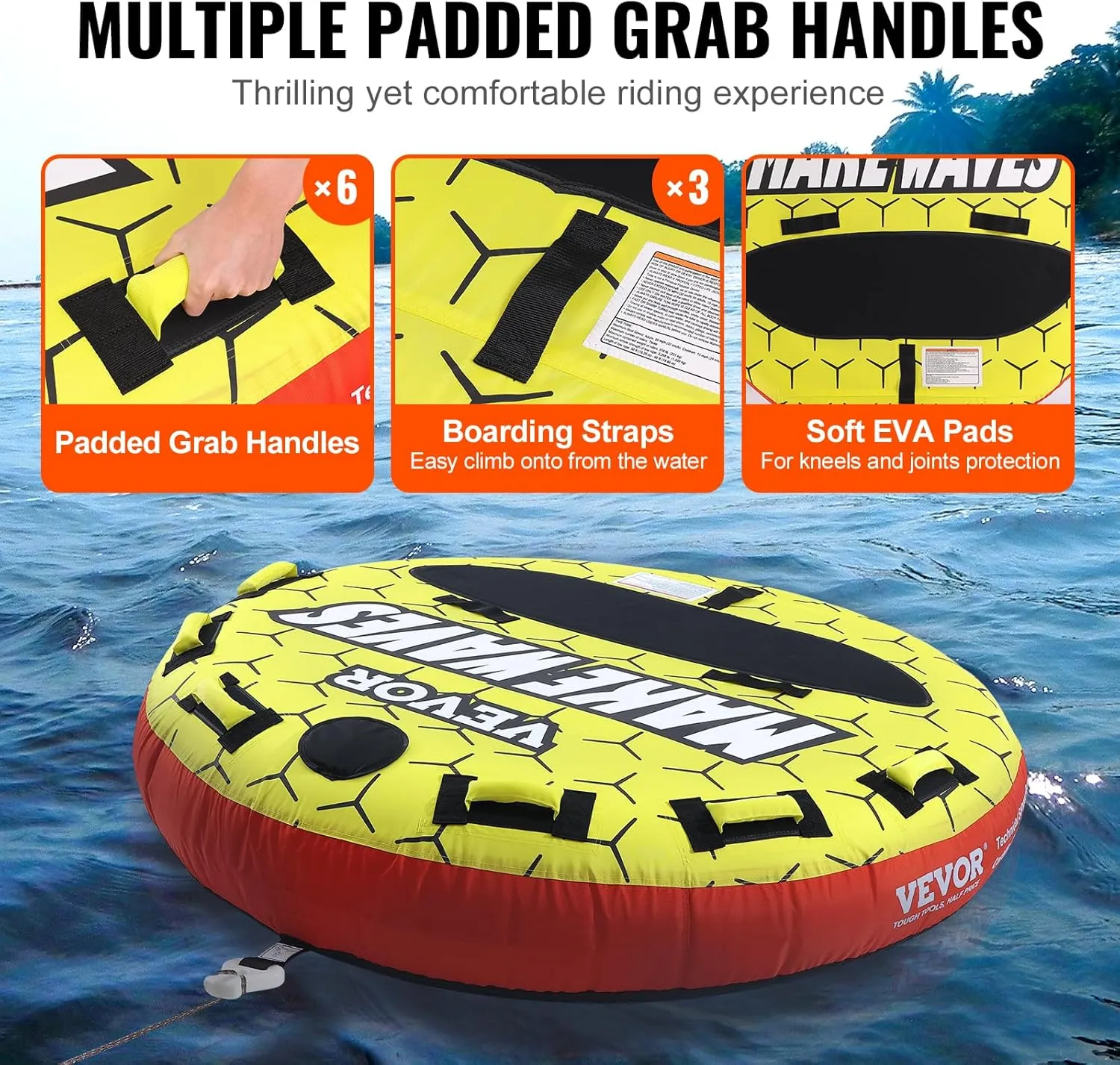 VEVOR Towable Tubes for Boating, 1-2/1-3 Riders, 340-510 lbs, 51.8"-63", Full Nylon Cover, EVA Grab Handles