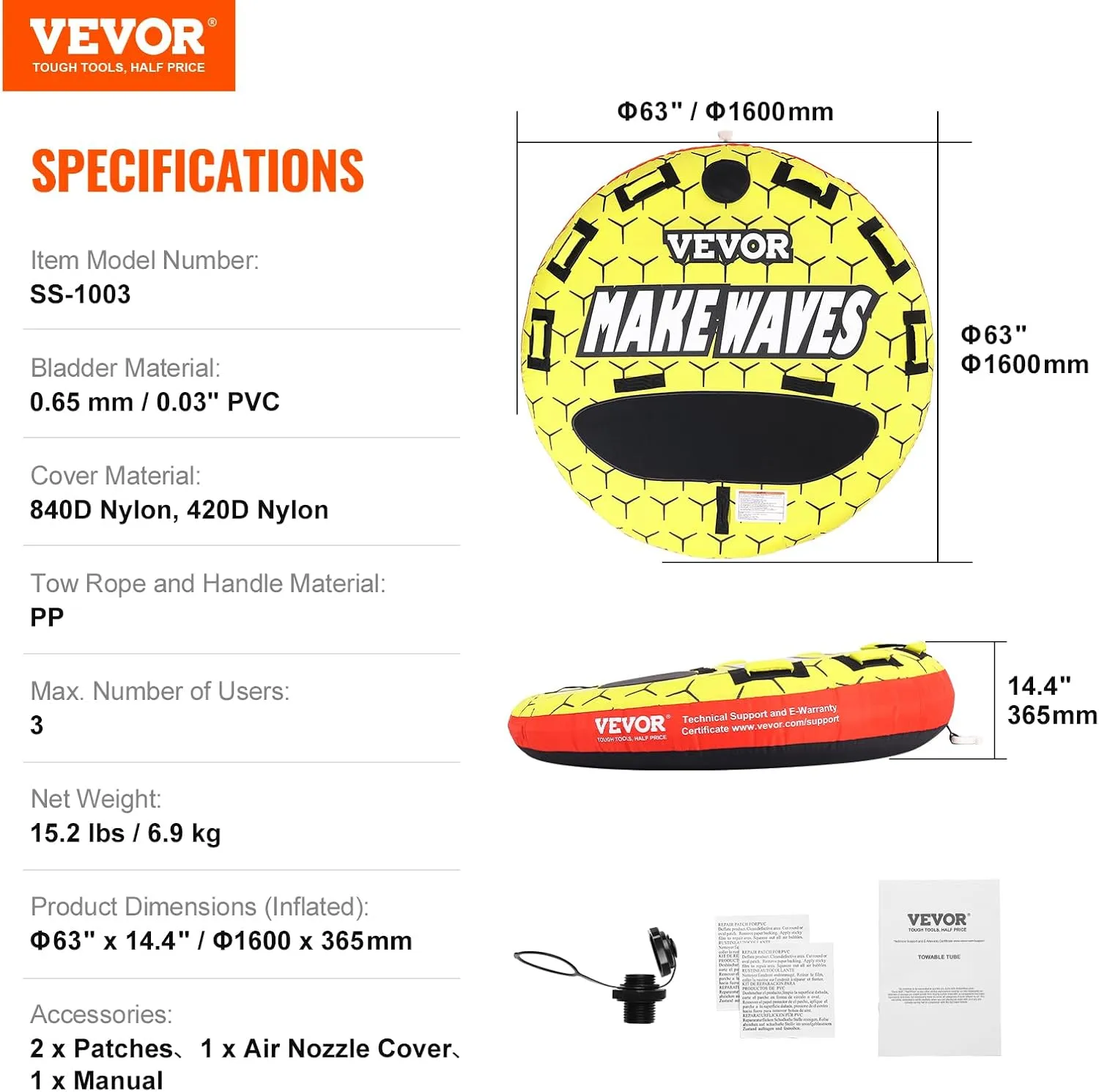 VEVOR Towable Tubes for Boating, 1-2/1-3 Riders, 340-510 lbs, 51.8"-63", Full Nylon Cover, EVA Grab Handles