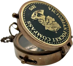 Victorian-Style Vintage Nautical Brass Pocket Compass with Chain Portable Antique Marine Navigation Tool, Ideal Gift for Sailors, Explorers, and Nautical Collectors (2-Inch)