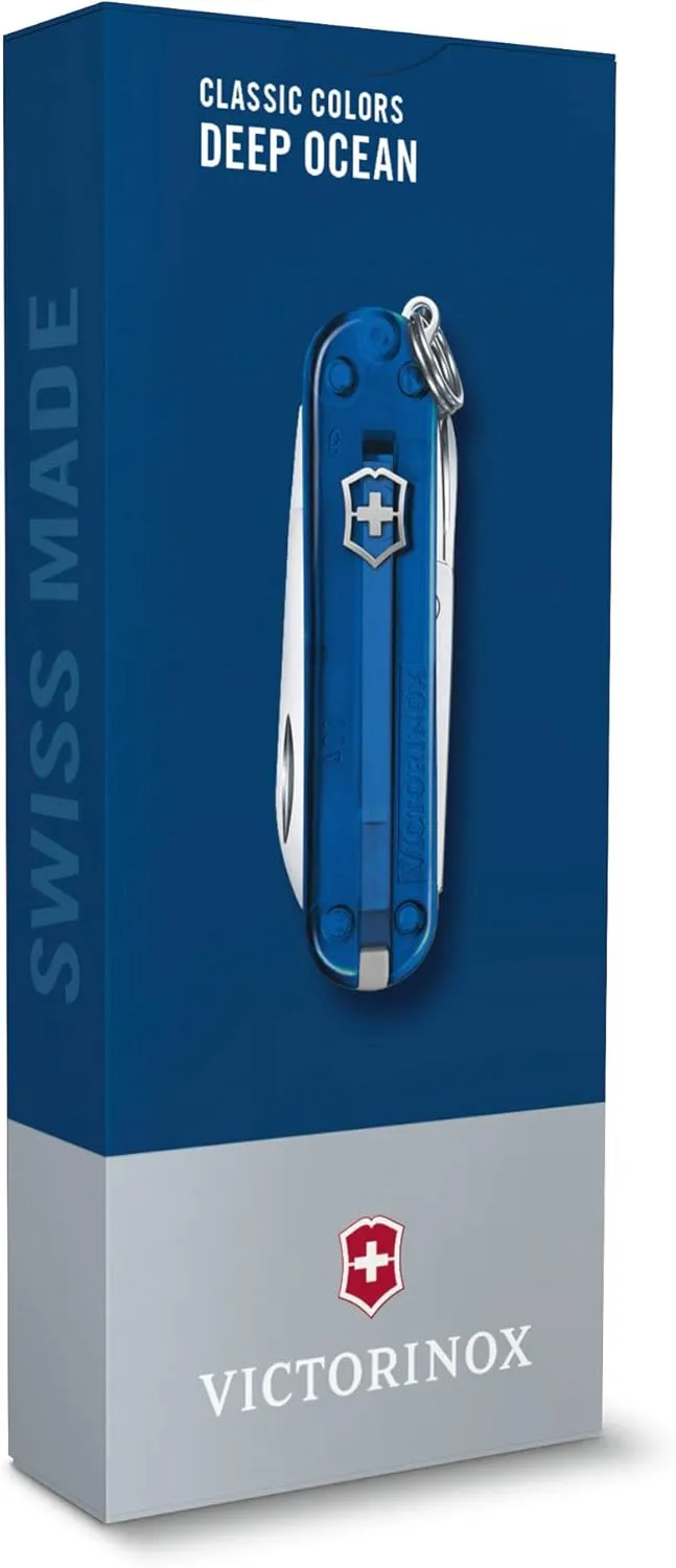 Victorinox Classic SD Swiss Army Knife, Compact, 7 Functions, Swiss Made Pocket Knife with Small Blade, Screwdriver and Key Ring - Deep Ocean (Translucent Blue)