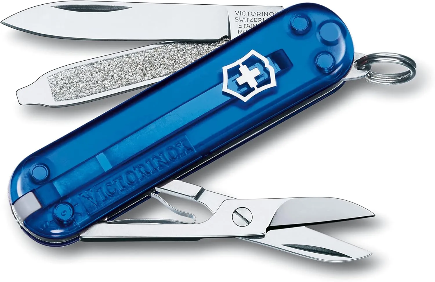 Victorinox Classic SD Swiss Army Knife, Compact, 7 Functions, Swiss Made Pocket Knife with Small Blade, Screwdriver and Key Ring - Deep Ocean (Translucent Blue)