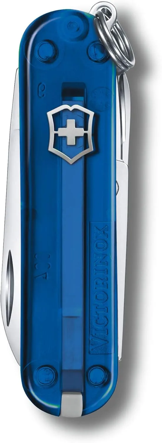 Victorinox Classic SD Swiss Army Knife, Compact, 7 Functions, Swiss Made Pocket Knife with Small Blade, Screwdriver and Key Ring - Deep Ocean (Translucent Blue)