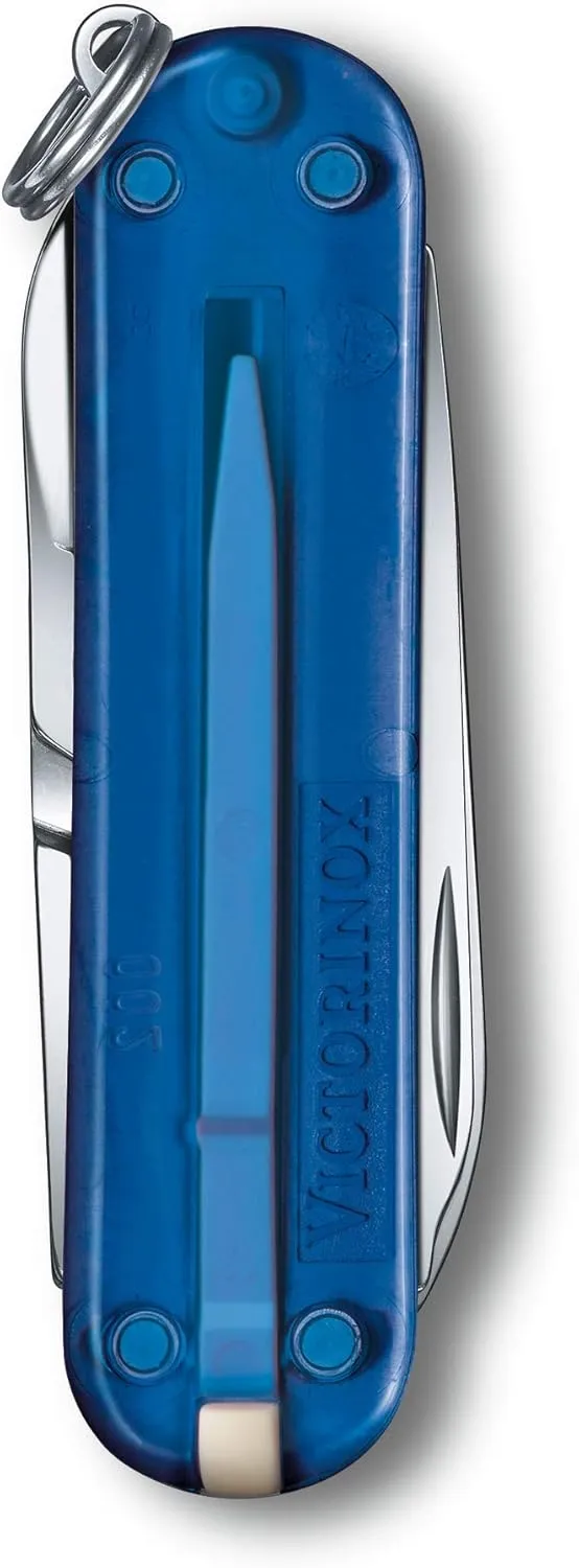 Victorinox Classic SD Swiss Army Knife, Compact, 7 Functions, Swiss Made Pocket Knife with Small Blade, Screwdriver and Key Ring - Deep Ocean (Translucent Blue)