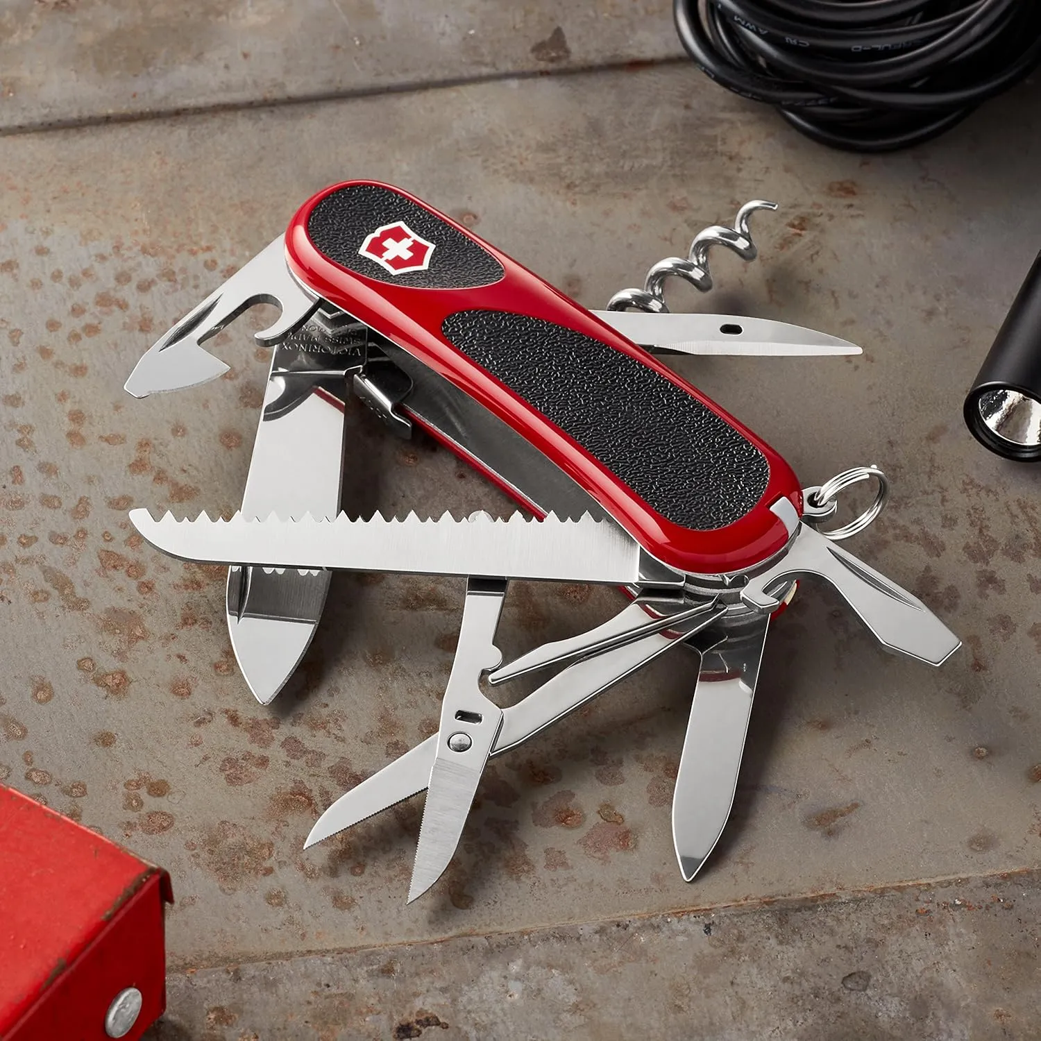 Victorinox Evolution S17 Grip Swiss Army Knife, 15 Functions, Swiss Made Pocket Knife with Large Blade, Screwdriver and Lock Blade - Red/Black