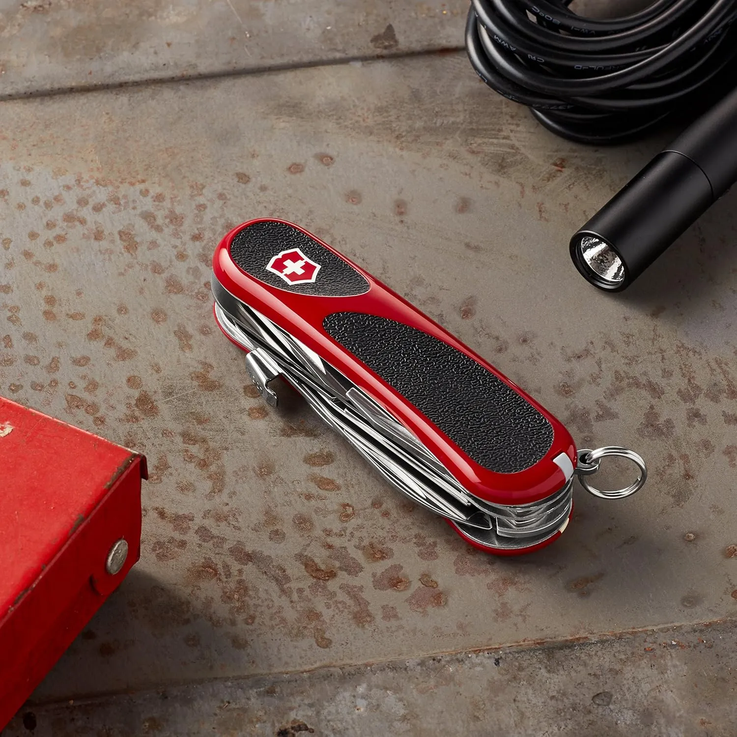Victorinox Evolution S17 Grip Swiss Army Knife, 15 Functions, Swiss Made Pocket Knife with Large Blade, Screwdriver and Lock Blade - Red/Black