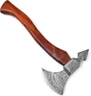 Viking Battle Axe, Camping Axe, Home Gardens Tool, Handmade 18-in Solid Wood Handle Damascus Steel, Dual Sided, Ultra Sharpe Blade, Functional Blade 7×4' Leather Sheath