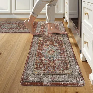 Vintage Red Kitchen Rugs Sets of 2, Anti Fatigue Kitchen Mats for Floor, Meomory Foam Kitchen Mat Non Slip Runner Carpet, Waterproof Standing Mat for Sink,Laundry,Office