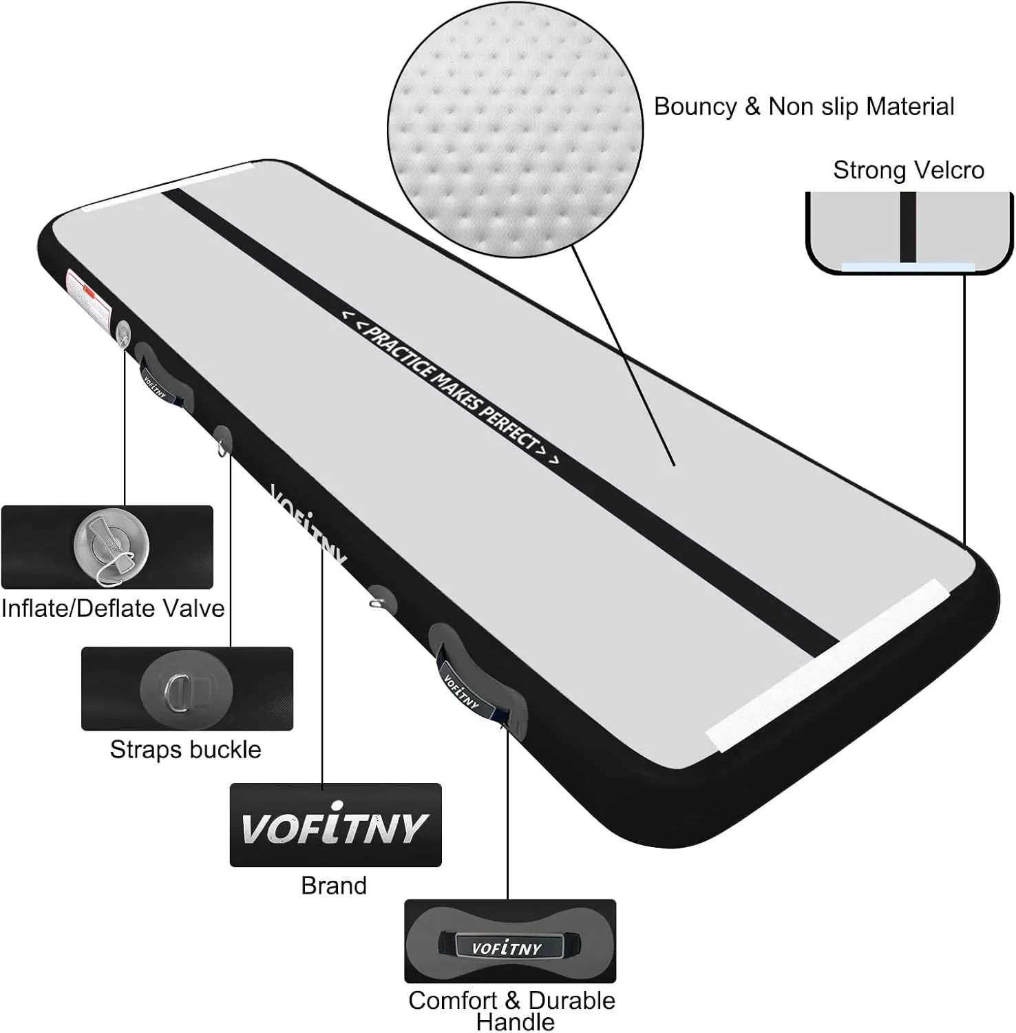 VOFiTNY All Purpose Gymnastics Mat 6.6/10/13/16/20 ft Sturdy Inflatable Tumble Track for Home/Gym