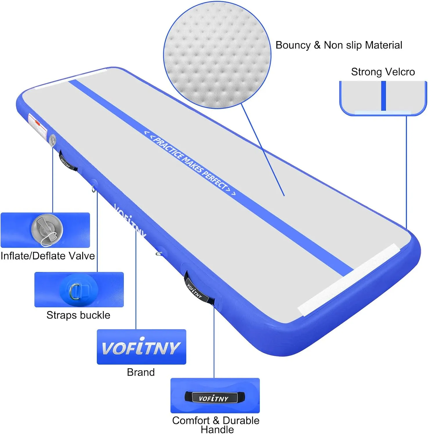 VOFiTNY All Purpose Gymnastics Mat 6.6/10/13/16/20 ft Sturdy Inflatable Tumble Track for Home/Gym