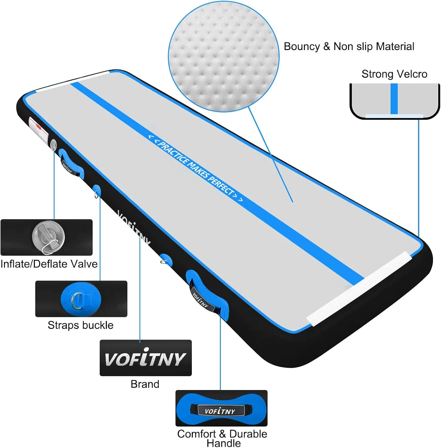 VOFiTNY All Purpose Gymnastics Mat 6.6/10/13/16/20 ft Sturdy Inflatable Tumble Track for Home/Gym