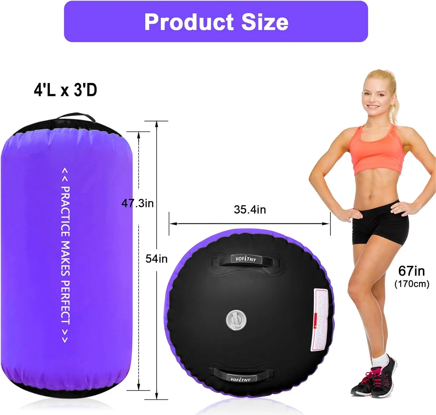 VOFiTNY Gymnastics Tumbling Equipment Air Barrel Inflatable Octagon Tumbler Roller Back-bend Trainer Chearleeding Mat Without Pump