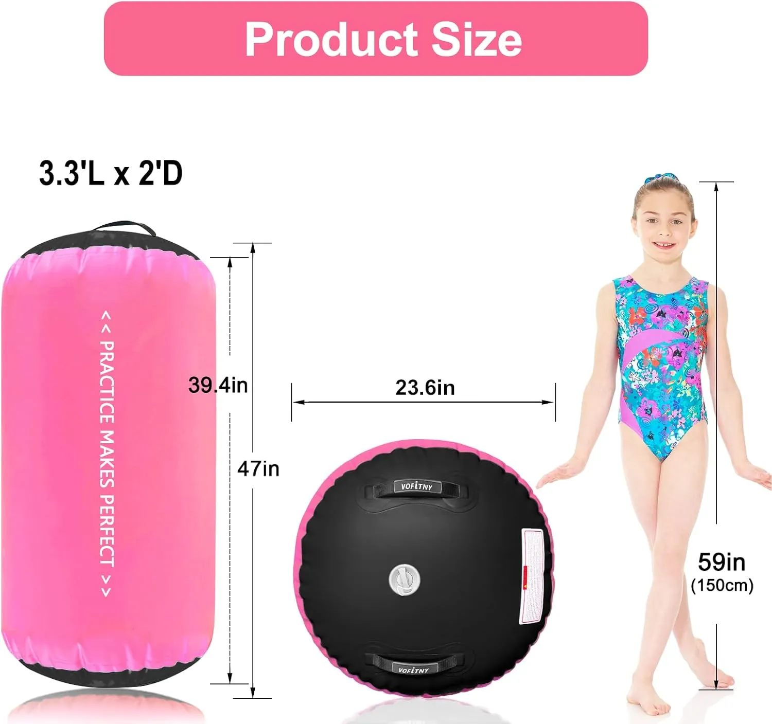 VOFiTNY Inflatable Gymnastics Mat with Tumbling Barrel, Tumble Track Mats for Gymnastics, 3.3'L x 2'D Air Roller Gymnastics Barrel Tumbling Track for Home&Gym, with 600W Electric Air Pump
