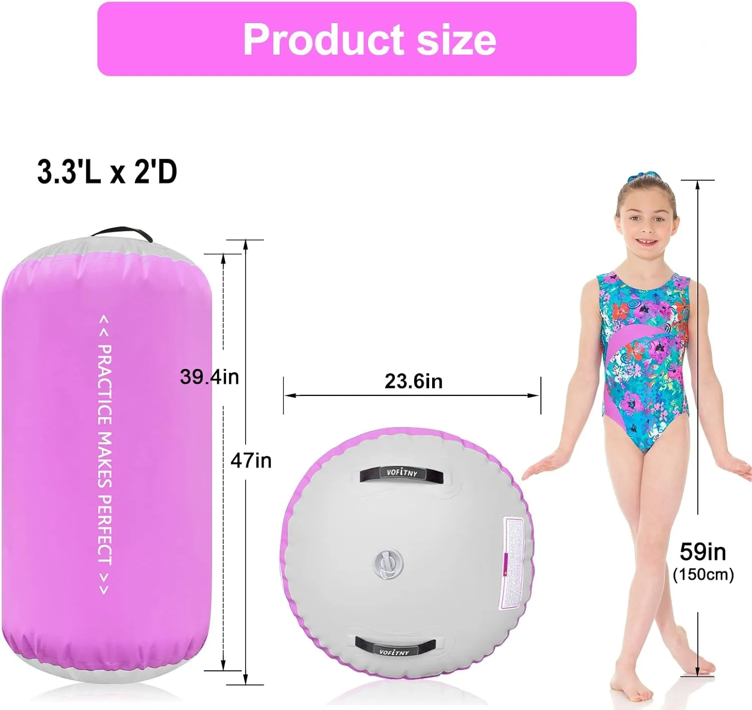 VOFiTNY Inflatable Gymnastics Mat with Tumbling Barrel, Tumble Track Mats for Gymnastics, 3.3'L x 2'D Air Roller Gymnastics Barrel Tumbling Track for Home&Gym, with 600W Electric Air Pump
